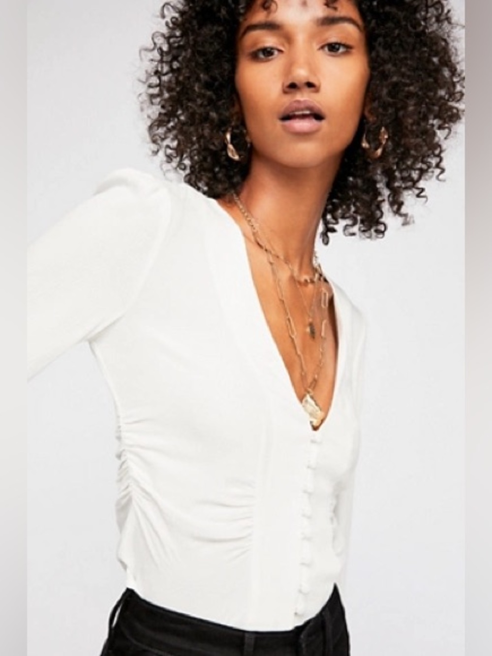Free People Maise Romantic Puff Sleeve White V-Neck Button-Front Blouse Small